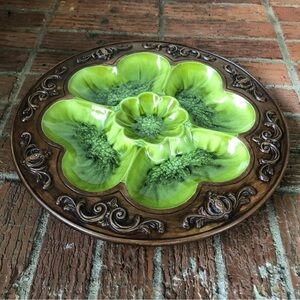 Vintage 70s Treasure Craft Divided Green & Brown Ceramic Serving Tray